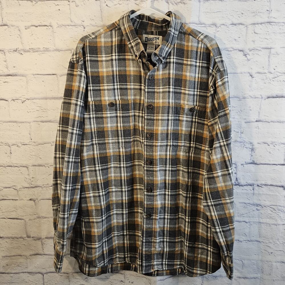 Duluth Trading Shirt Mens XL Tall Tan Gray Plaid Heavyweight Flannel Work